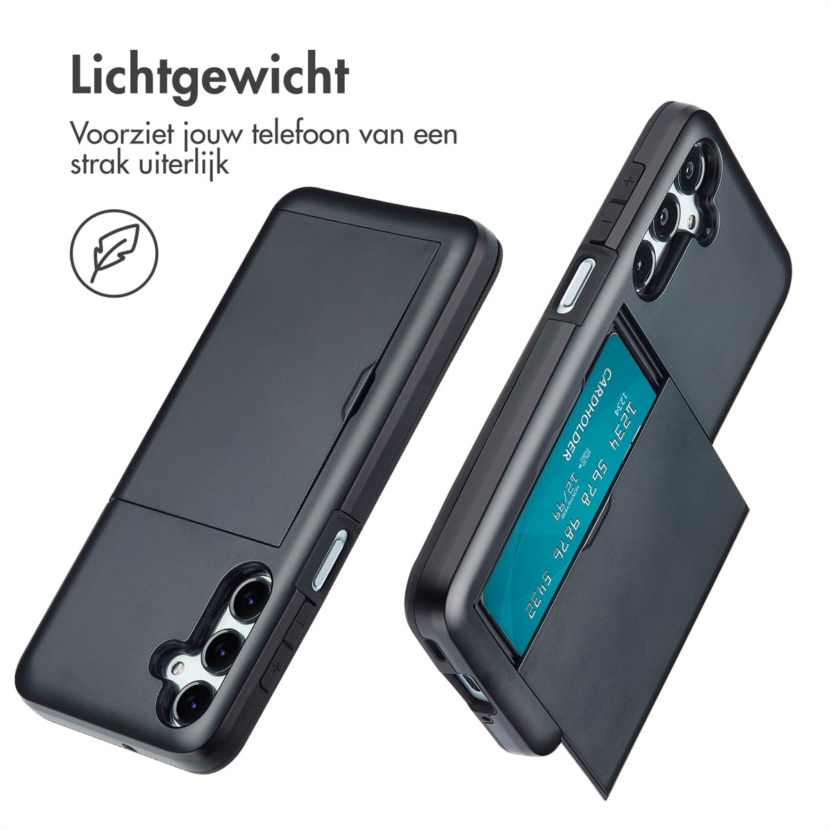Twee zwarte telefoonhoesjes met kaarthouder sleuven, in een hoek geplaatst om ontwerpkenmerken te laten zien.