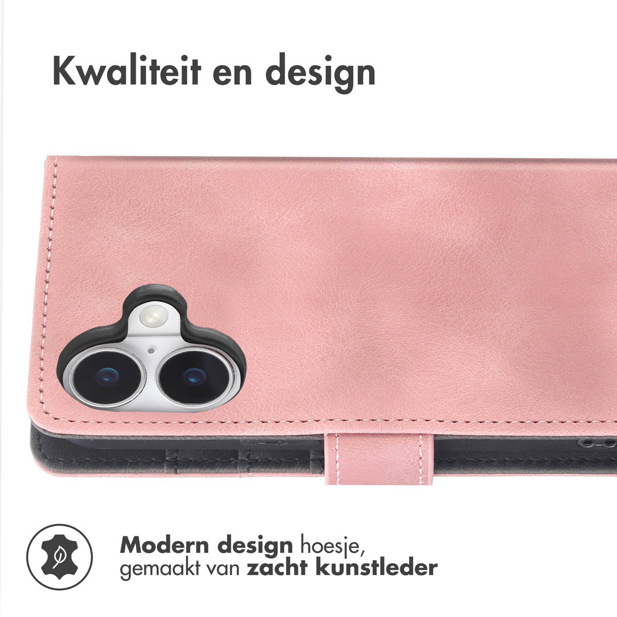 Roze telefoonhoes met portemonnee functie, cameralens zichtbaar. Modern design, leertextuur.
