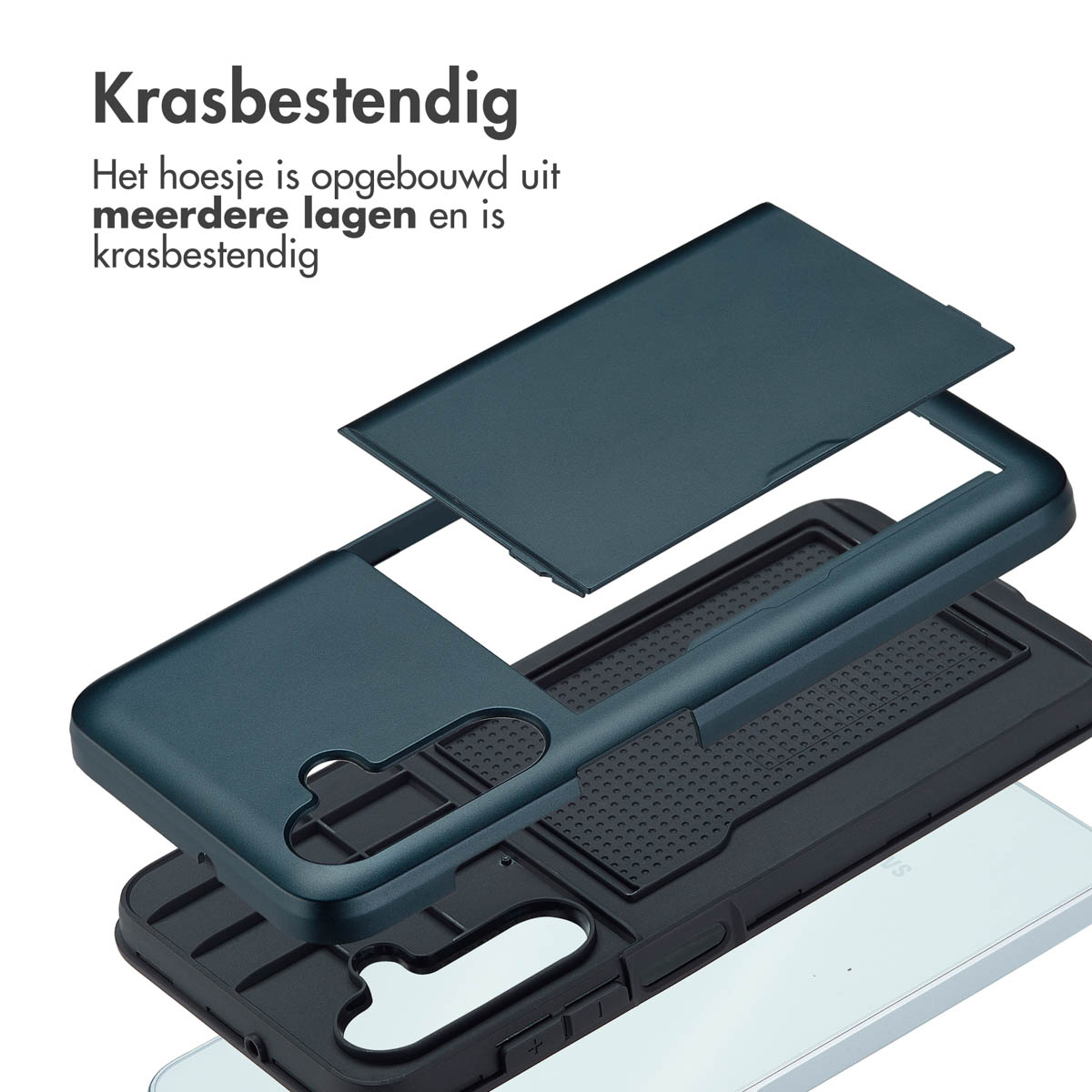Explosietekening van een donkerblauwe telefoonhoes die de meerdere lagen voor krasbestendigheid laat zien.