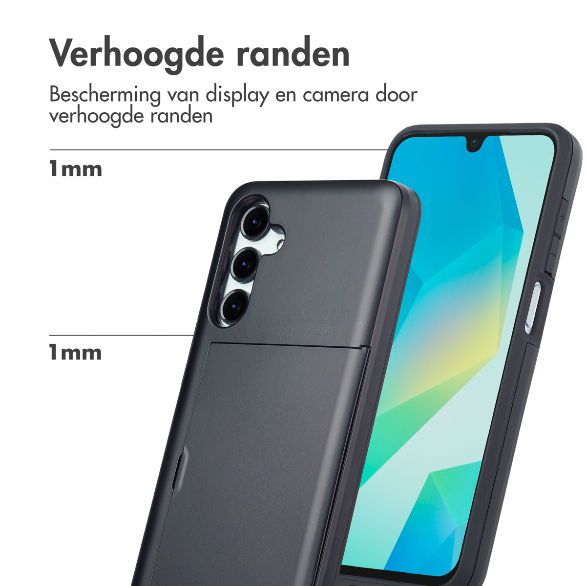 Er worden twee telefoons getoond. De ene heeft een portemonneehoes, de andere een blauw scherm.