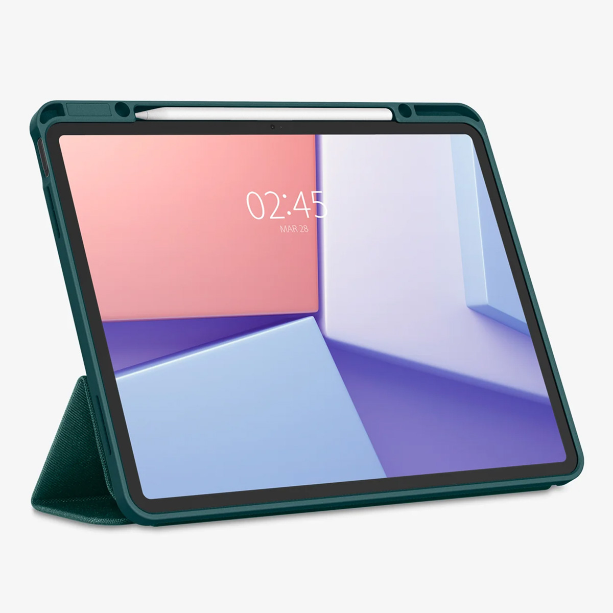 A green tablet case holds a tablet with a blue and pink screen.