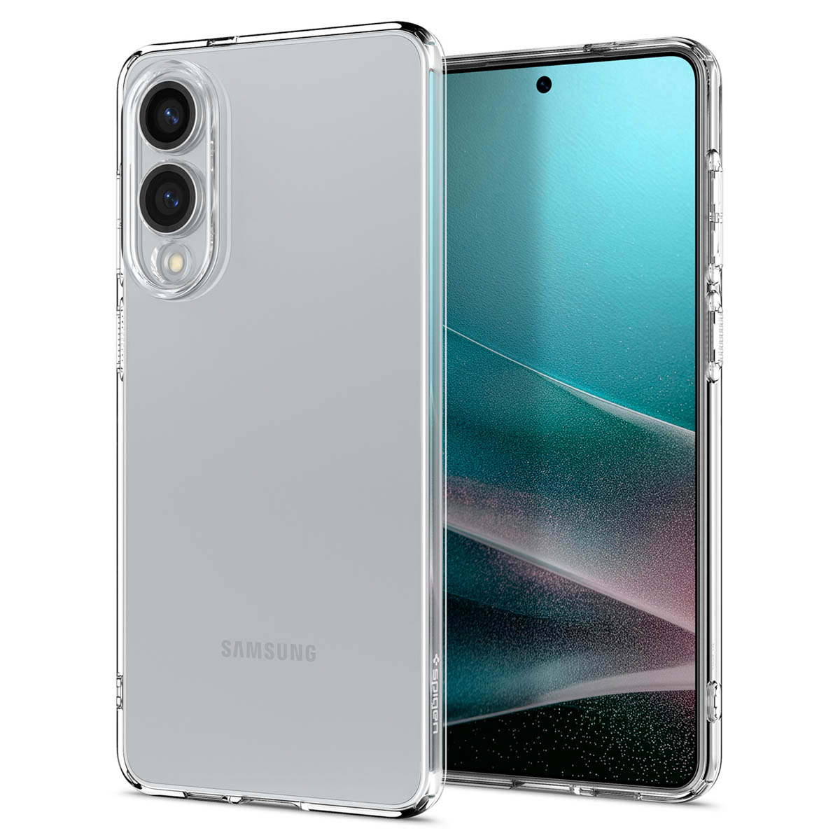 Een doorzichtig telefoonhoesje beschermt een Samsung-telefoon en laat het ontwerp en scherm zien.