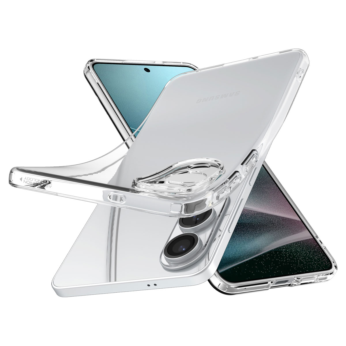 Twee telefoons met doorzichtige hoesjes overlappen elkaar en tonen ontwerp- en schermdetails.