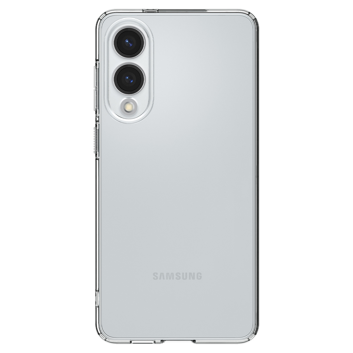De achterkant van een telefoon met een doorzichtig hoesje is te zien tegen een witte achtergrond.