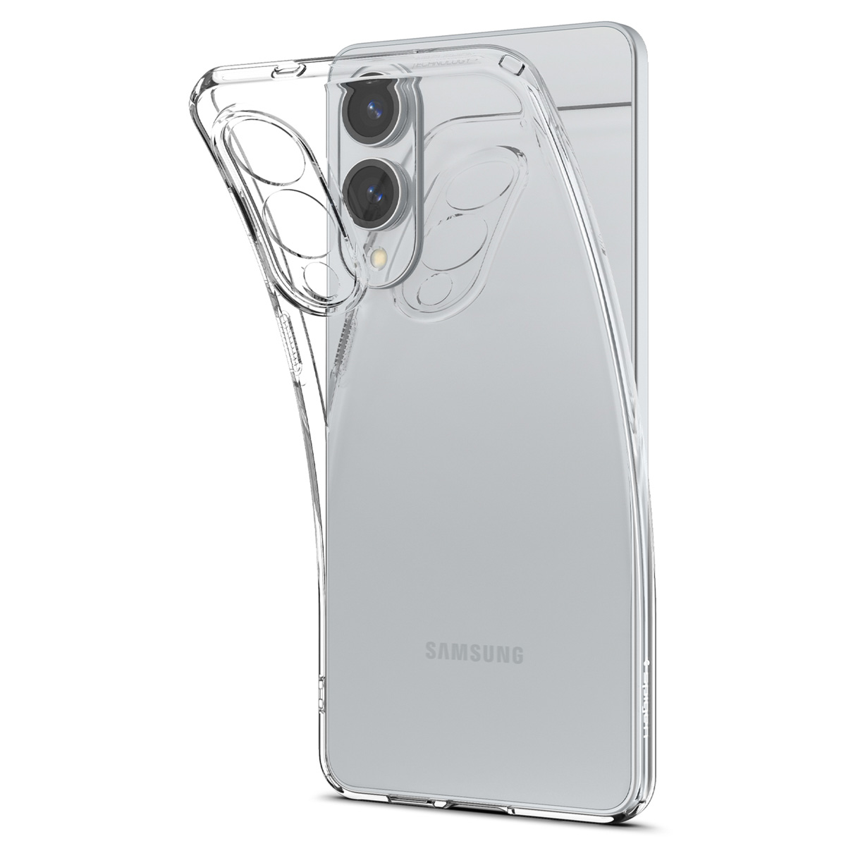 Een doorzichtige telefoonhoes wordt getoond op een Samsung-telefoon tegen een witte achtergrond.