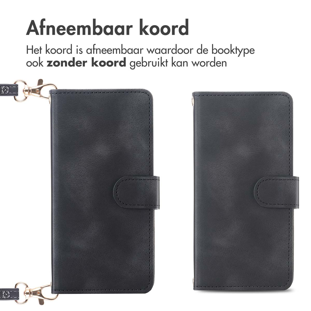Twee zwarte telefoonhoesjes worden getoond, een met een riem, tegen een witte achtergrond.