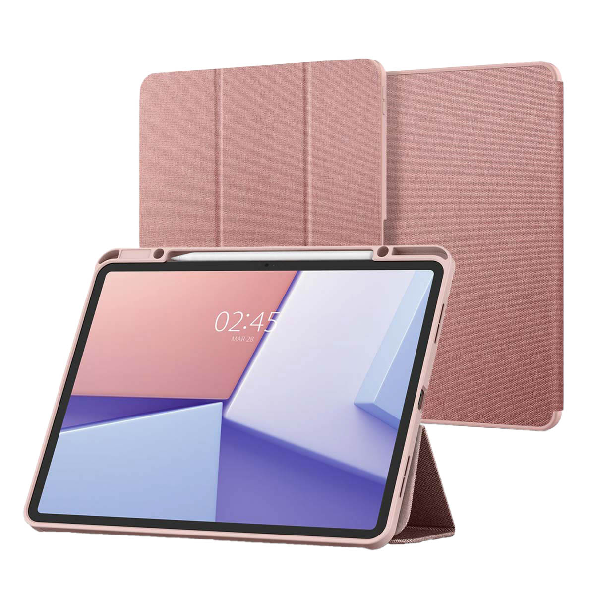 A rose gold tablet case with a stand and a tablet showing a geometric design.