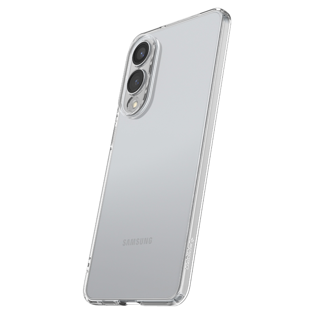 Een doorzichtig telefoonhoesje met een Samsung-logo wordt weergegeven op een witte achtergrond.