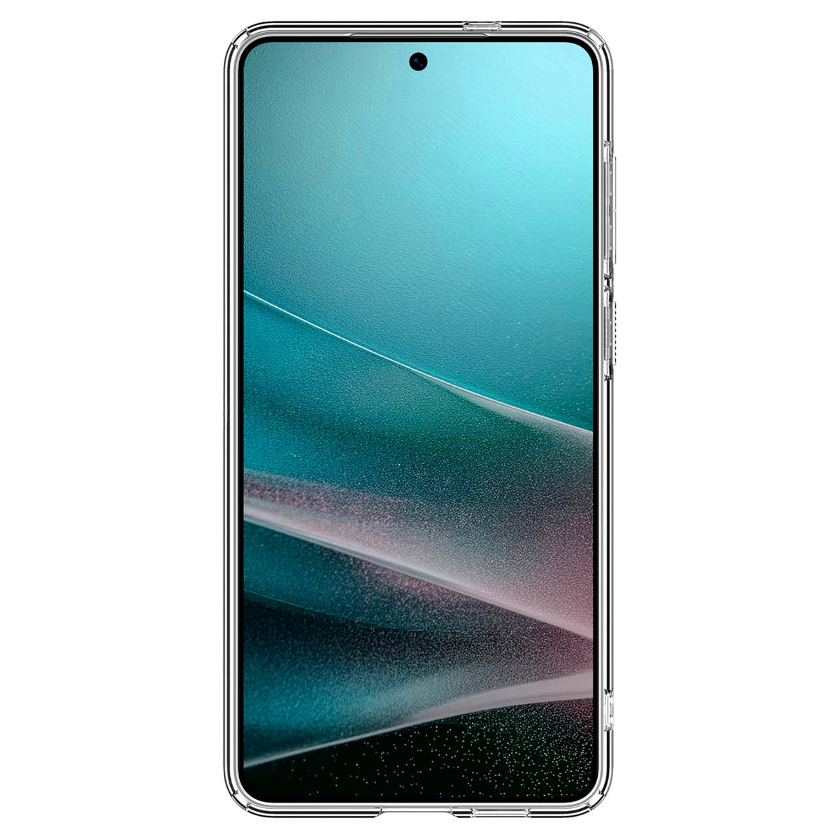 Een transparant telefoonhoesje toont een blauw scherm met een licht ontwerp op een witte achtergrond.