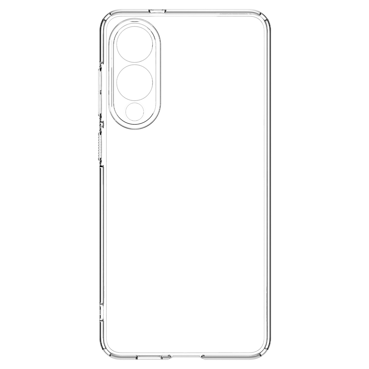 Een transparante telefoonhoesomtrek op een witte achtergrond, die de plaatsing van de camera en de knoppen laat zien.