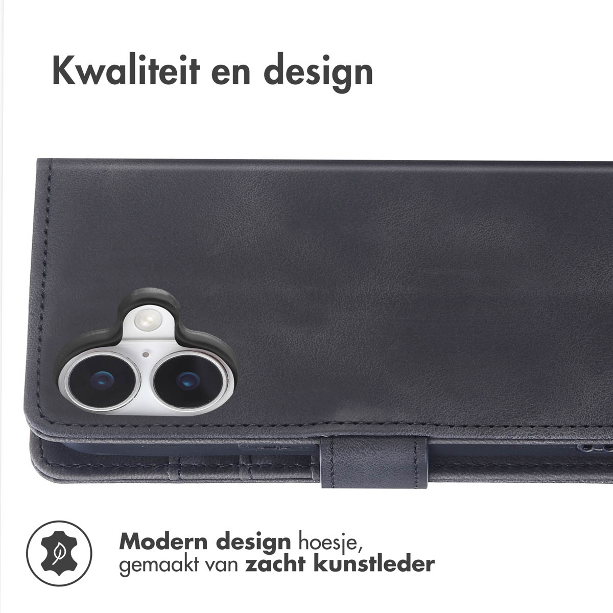 Een close-up van een donkerblauwe telefoonhoes met zichtbare cameralenzen en de tekst "Kwaliteit en design".