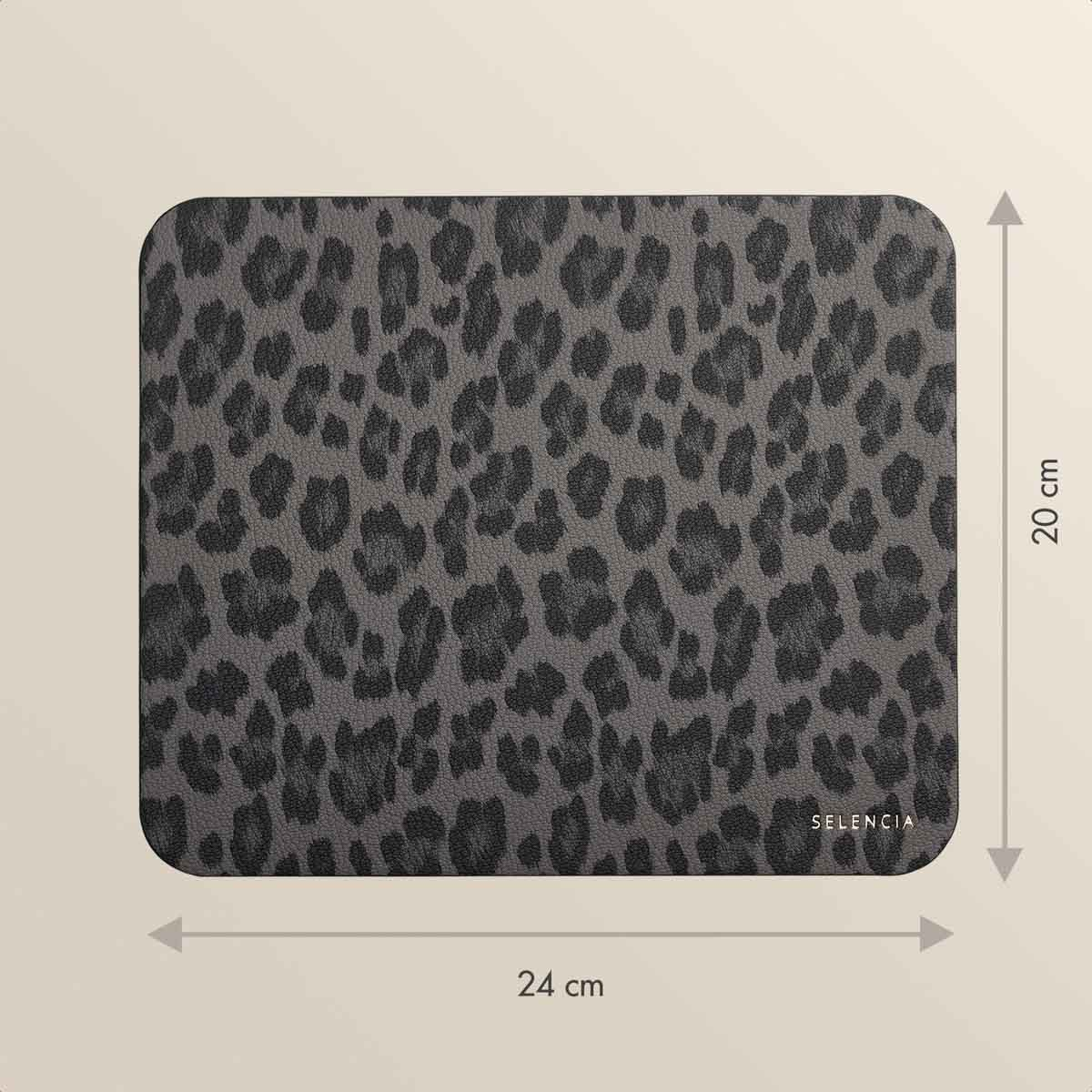 A rectangular mousepad with a gray leopard print design is displayed with dimensions 20 cm by 24 cm.