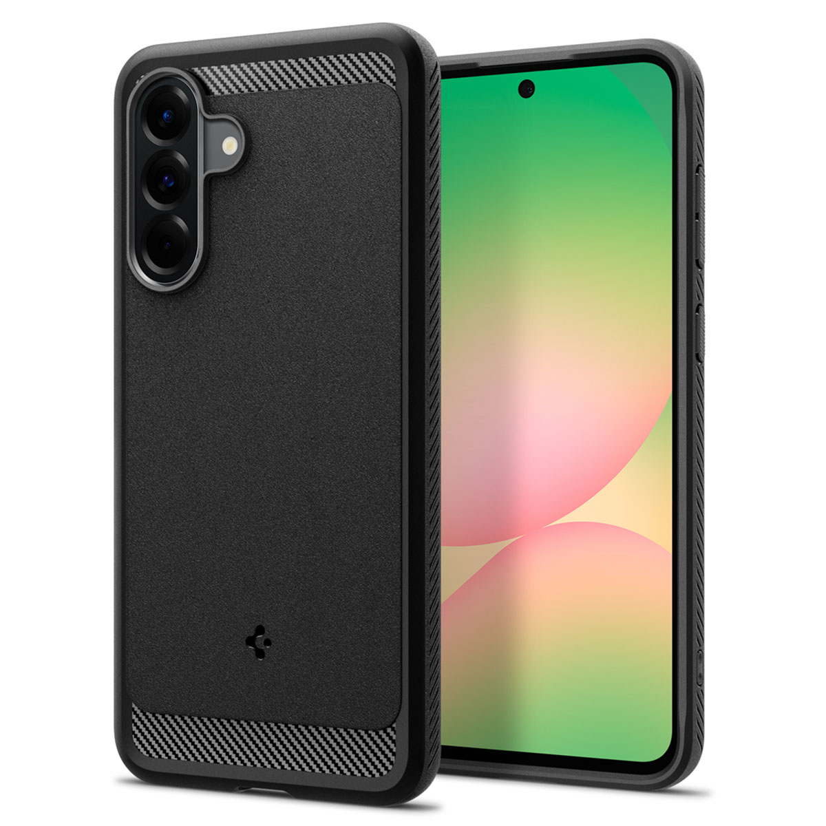 Een zwarte telefoonhoes met accenten van koolstofvezel staat naast een telefoon met een kleurrijk abstract ontwerp.