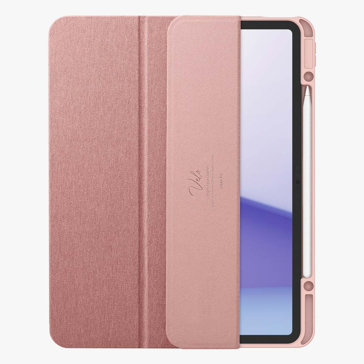 A pink tablet case with a folding cover is displayed next to a tablet showing a blue and white screen.