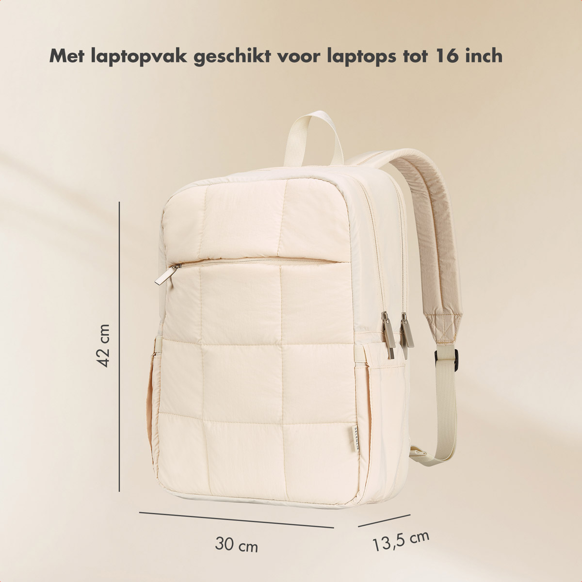 Cream-colored puffy backpack with laptop compartment, shown with dimensions, on a cream background.