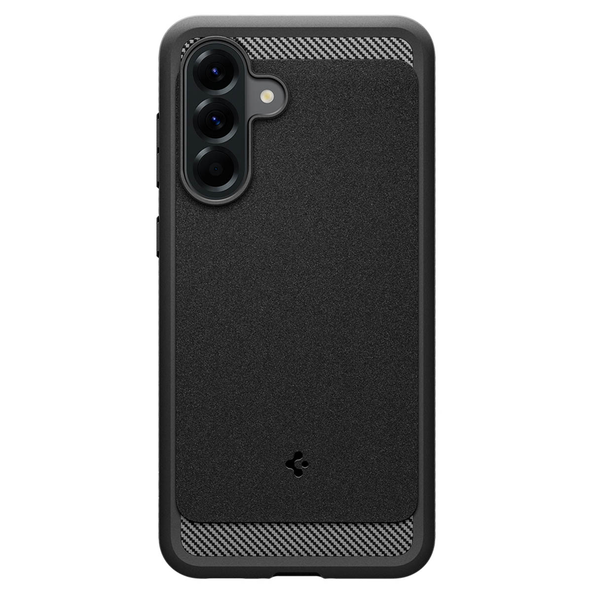Zwarte telefoonhoes met een gestructureerde achterkant en accenten van koolstofvezel op een witte achtergrond.
