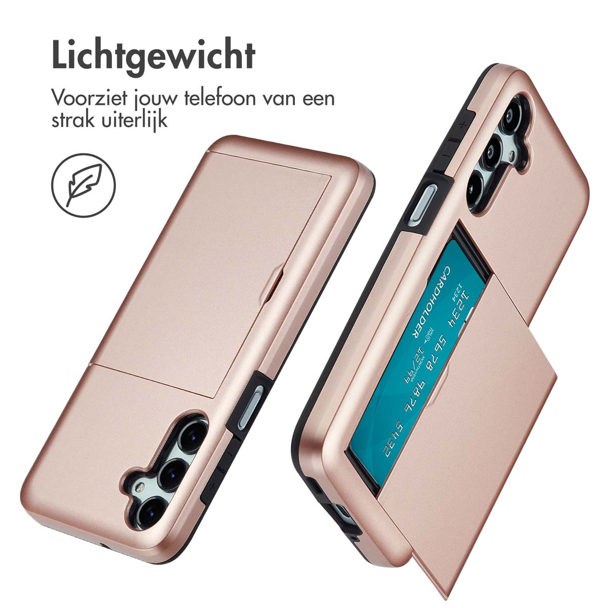 Zwei beige Handyhüllen mit ausziehbaren Kartenhaltern und Kreditkarten auf einem weißen Hintergrund.