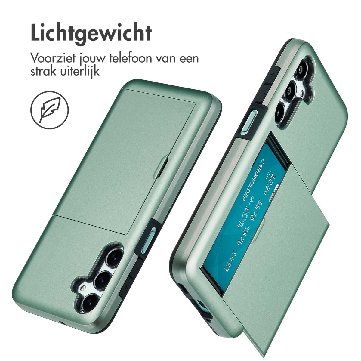 Twee groene telefoonhoesjes met uitschuifbare kaarthouders en creditcards op een witte achtergrond.