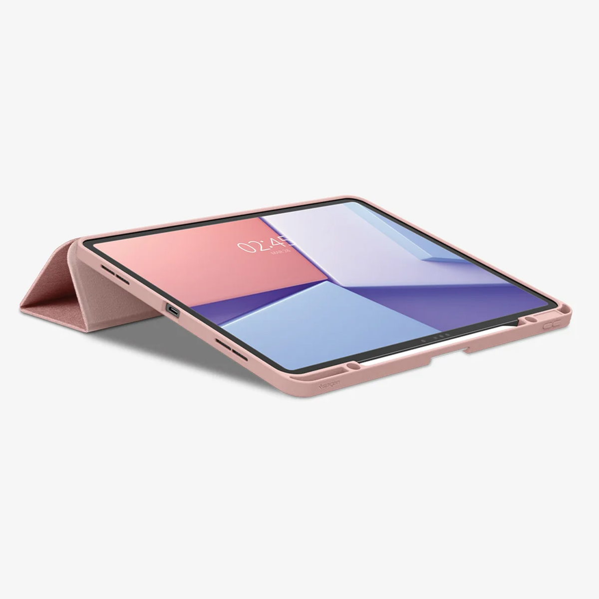 A pink tablet in a pink case with a geometric screen, propped up on a white background.
