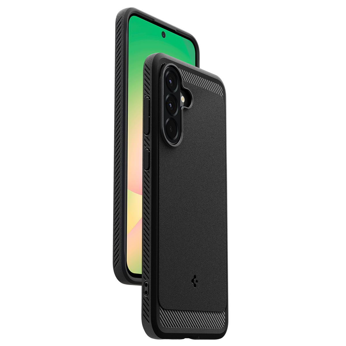 Zwarte telefoonhoes met telefoon erin. De telefoon heeft een groen scherm.