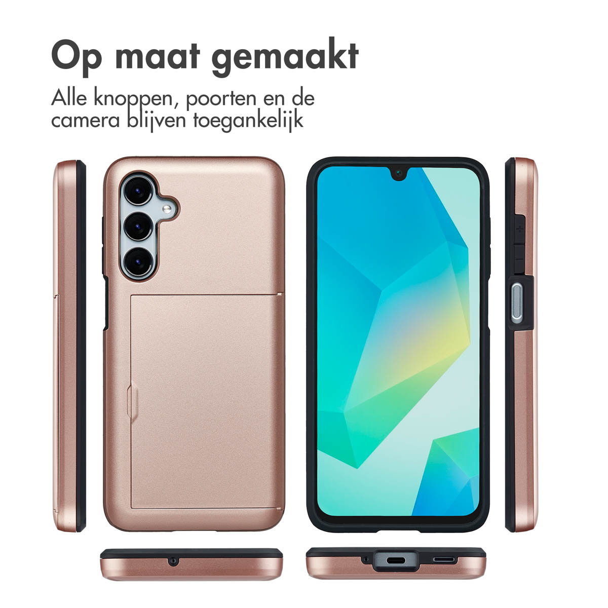 Handyhülle in Roségold aus verschiedenen Blickwinkeln, mit einem Telefon darin.