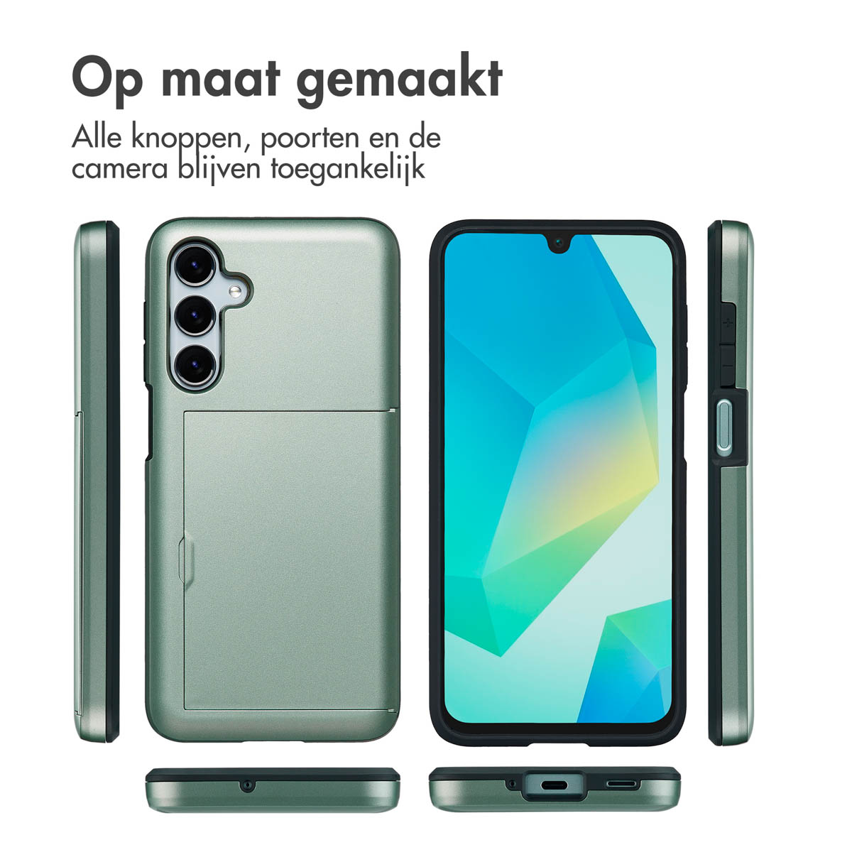 Telefoonhoesje vanuit meerdere hoeken getoond in groene kleur, met een telefoon erin.