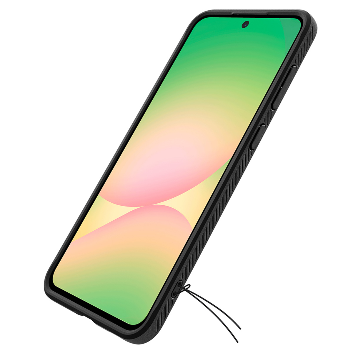 Een telefoon in een zwart hoesje diagonaal gekanteld, met een groen en geel scherm.