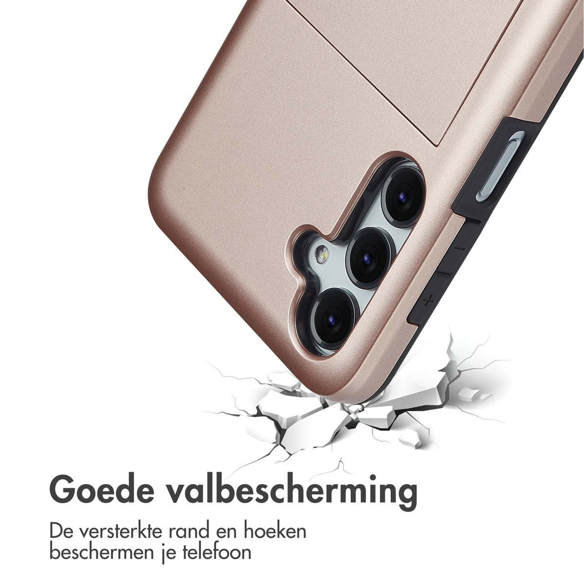 Eine roségoldene Handyhülle mit Telefon ist auf einer gesprungenen Oberfläche abgebildet.
