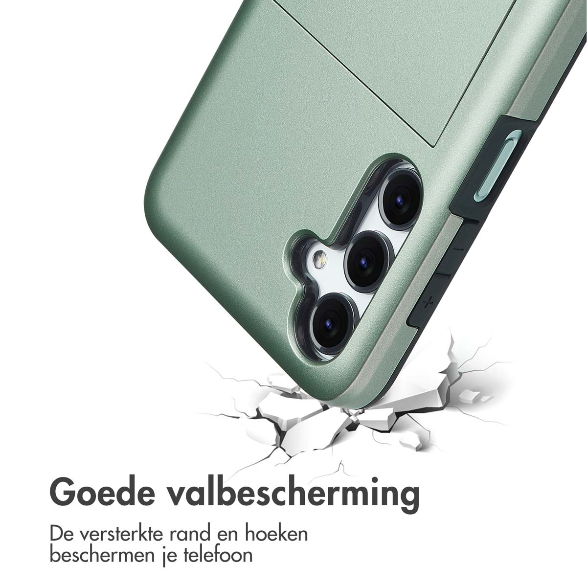 Een groene telefoonhoes met telefoon wordt getoond op een gebarsten oppervlak.