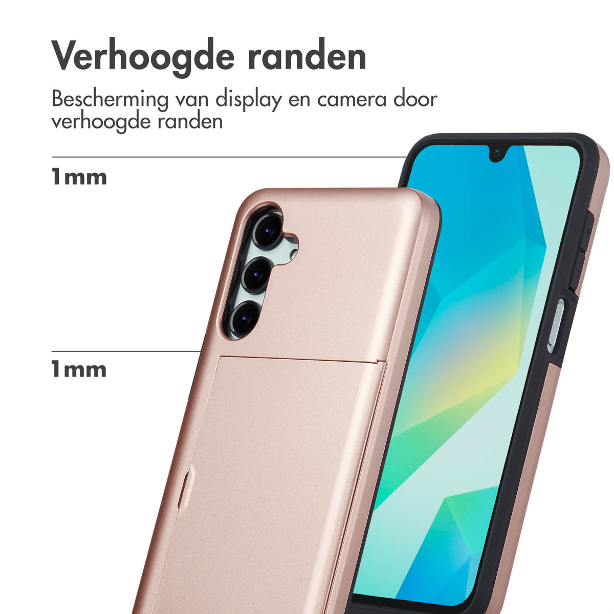Roségoldene Handyhülle mit Telefon daneben. Die Hülle hat erhöhte Ränder.