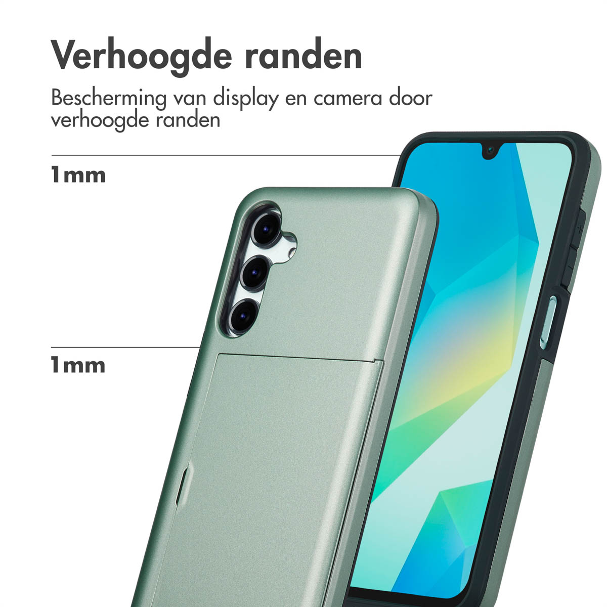 Groene telefoonhoes, met een telefoon erin, wordt naast een telefoon getoond.