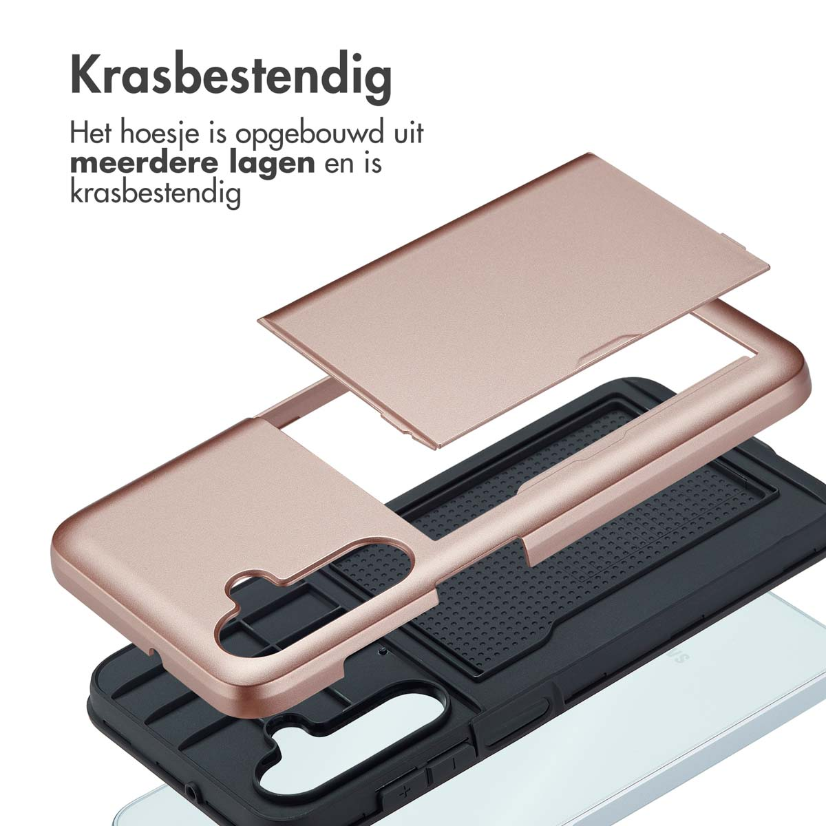 Zerlegte Handyhülle. Roségoldene Hülle über schwarzer Hülle. Ein Telefon ist innen.