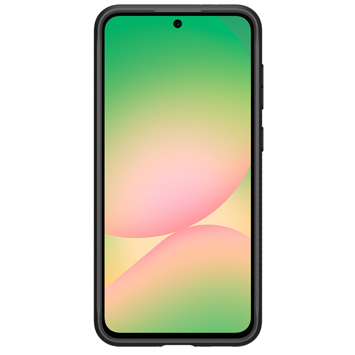 Een telefoon in een zwart hoesje. De telefoon heeft een groen en roze verloop op het scherm.