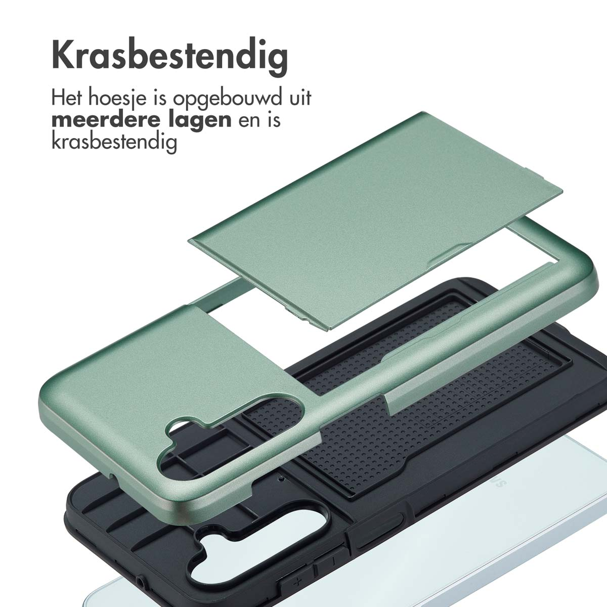 Telefoonhoes gedemonteerd. Groene hoes over zwarte hoes. Een telefoon zit erin.