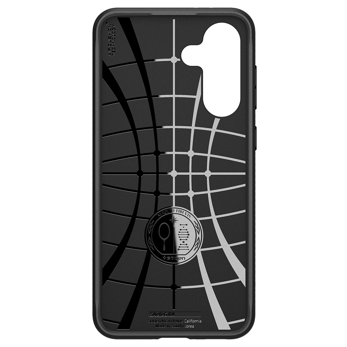 De achterkant van een zwart telefoonhoesje, met een rasterontwerp en een logo.
