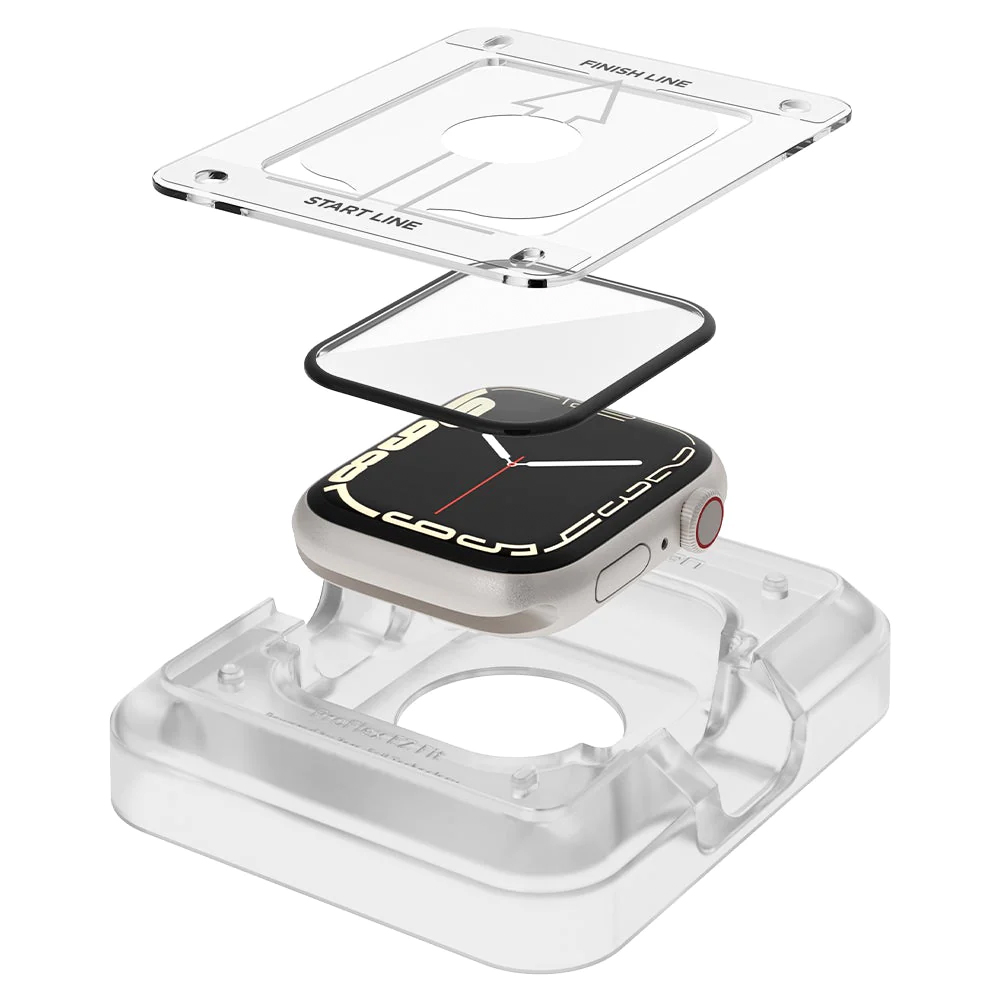 Exploded view of a watch installation kit, showing clear protectors and guides for screen application.