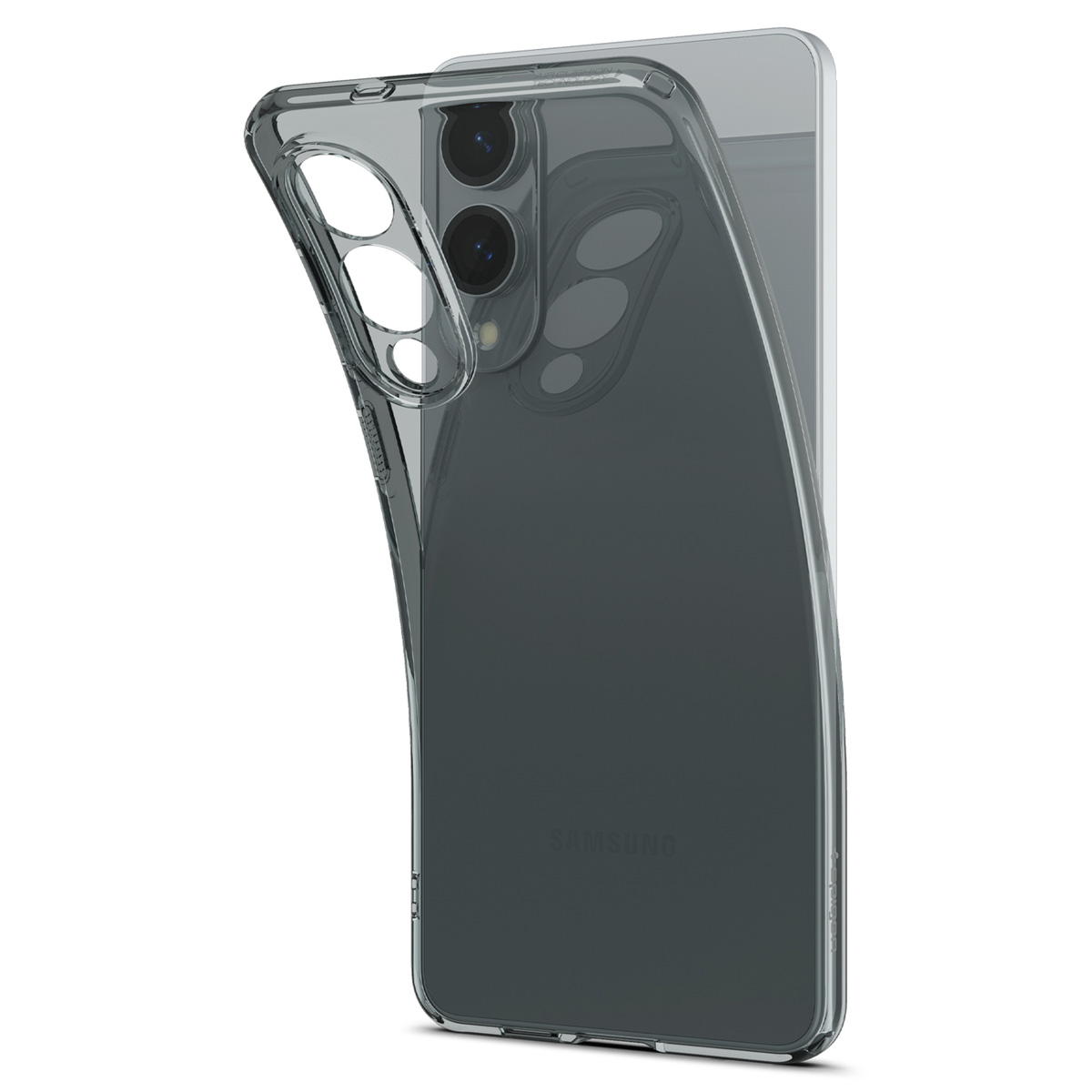 Een transparant telefoonhoesje op een grijze telefoon, dat de transparantie en het ontwerp van de camerabescherming laat zien.