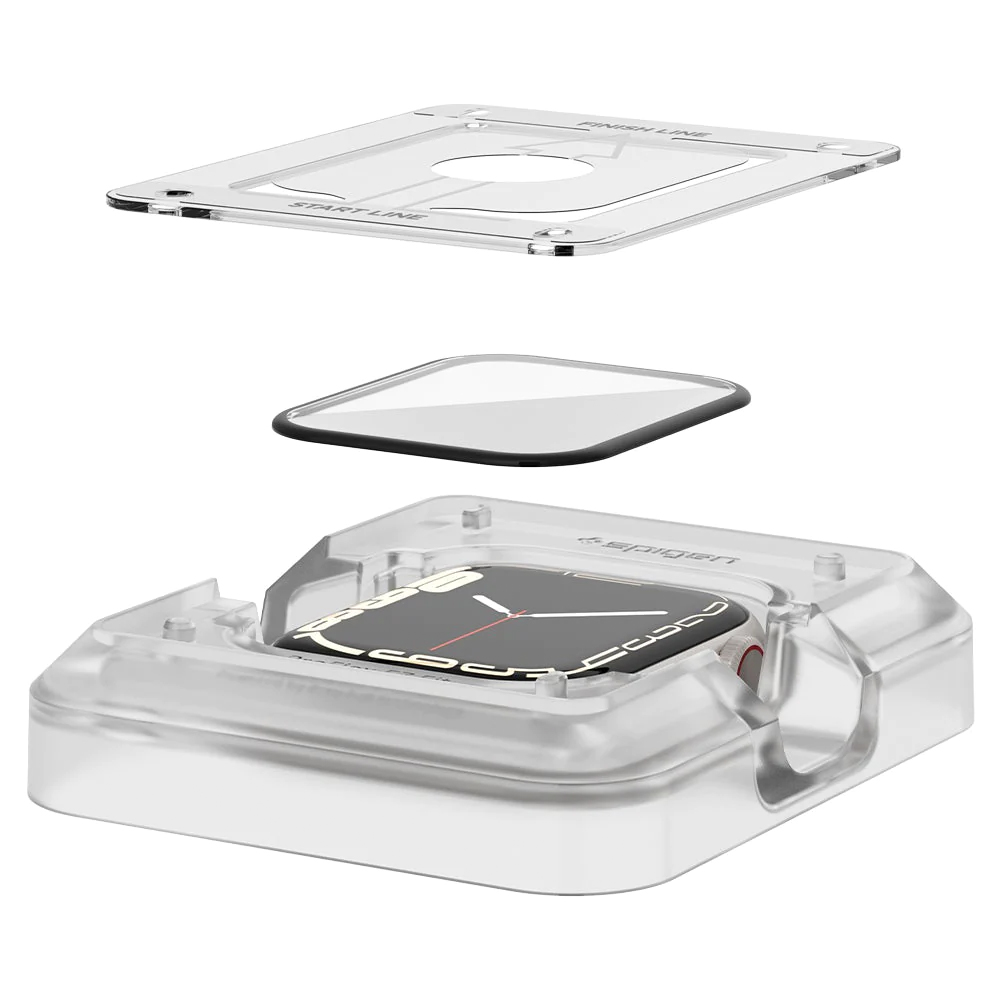 Watch installation kit with clear components, including a screen protector and alignment tools, against a white background.