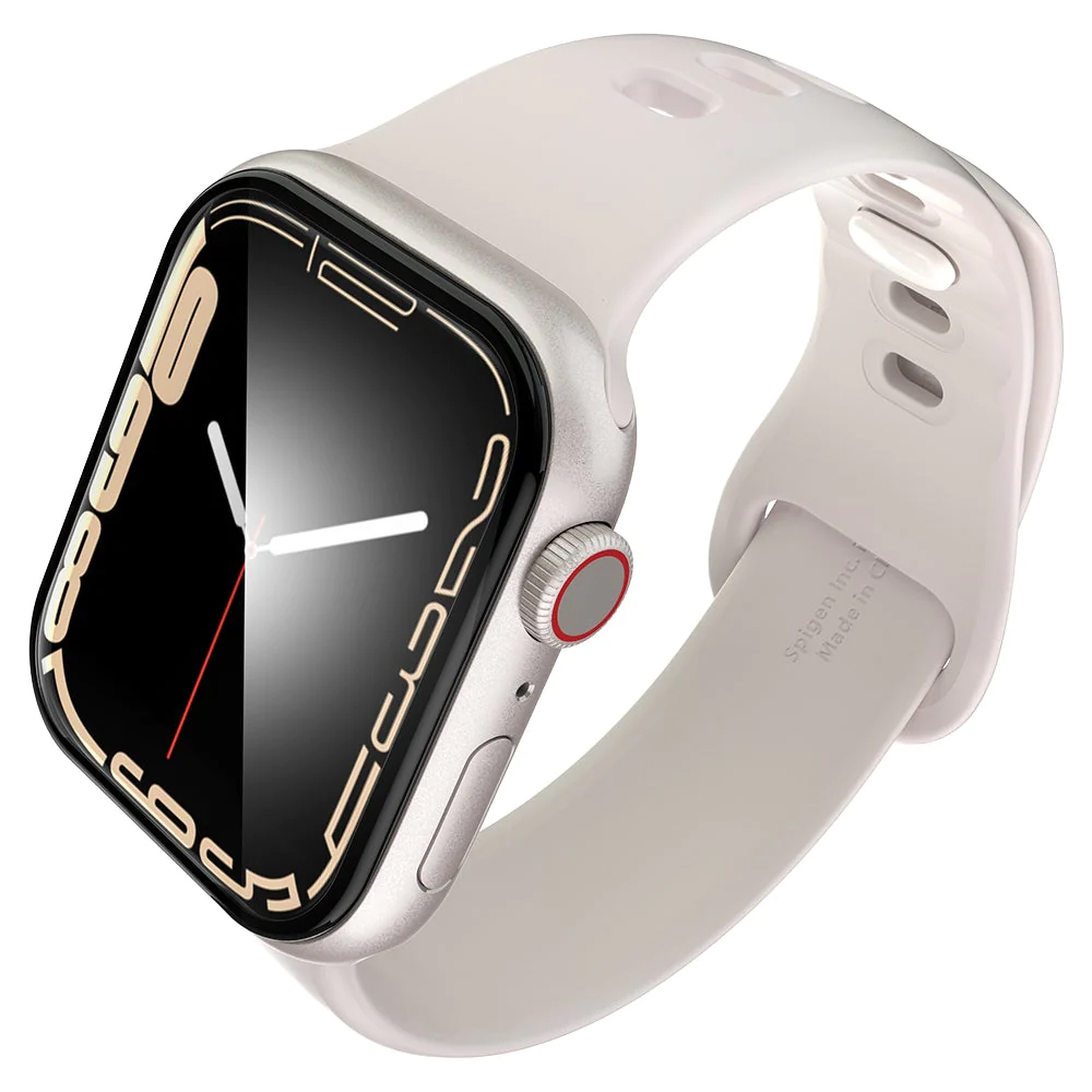 Close-up of a smartwatch with a light band, showcasing its digital display and sleek design.