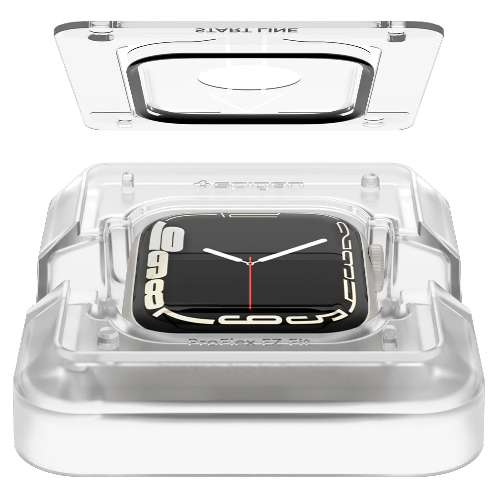 A clear protective case around a black Apple Watch with a white band and a red second hand.