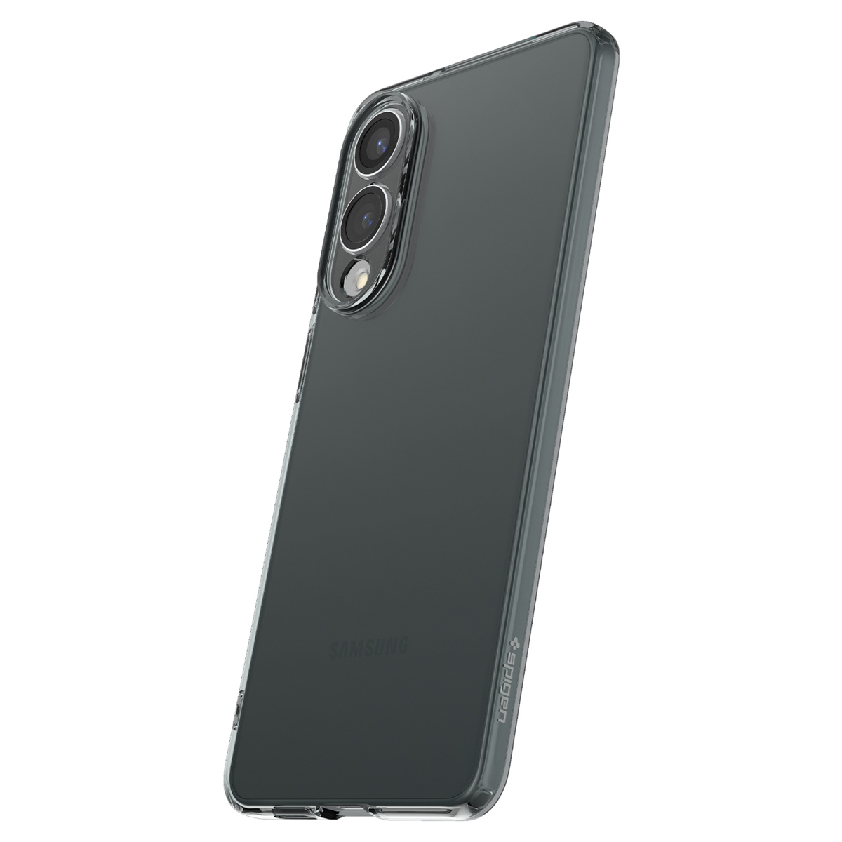 Een transparant telefoonhoesje met drie cameralenzen aan de achterkant. Het hoesje heeft een Spigen-logo aan de zijkant.