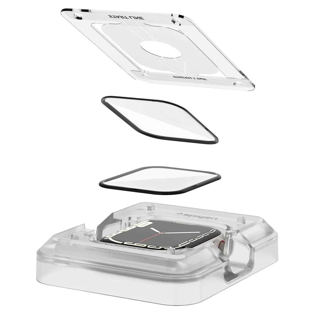 Exploded view of a clear Apple Watch protective case, showing the layers and how they fit together.