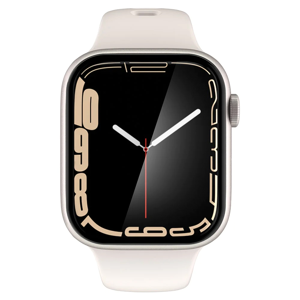 A white Apple Watch with a black screen and a white band. The watch is showing the time.