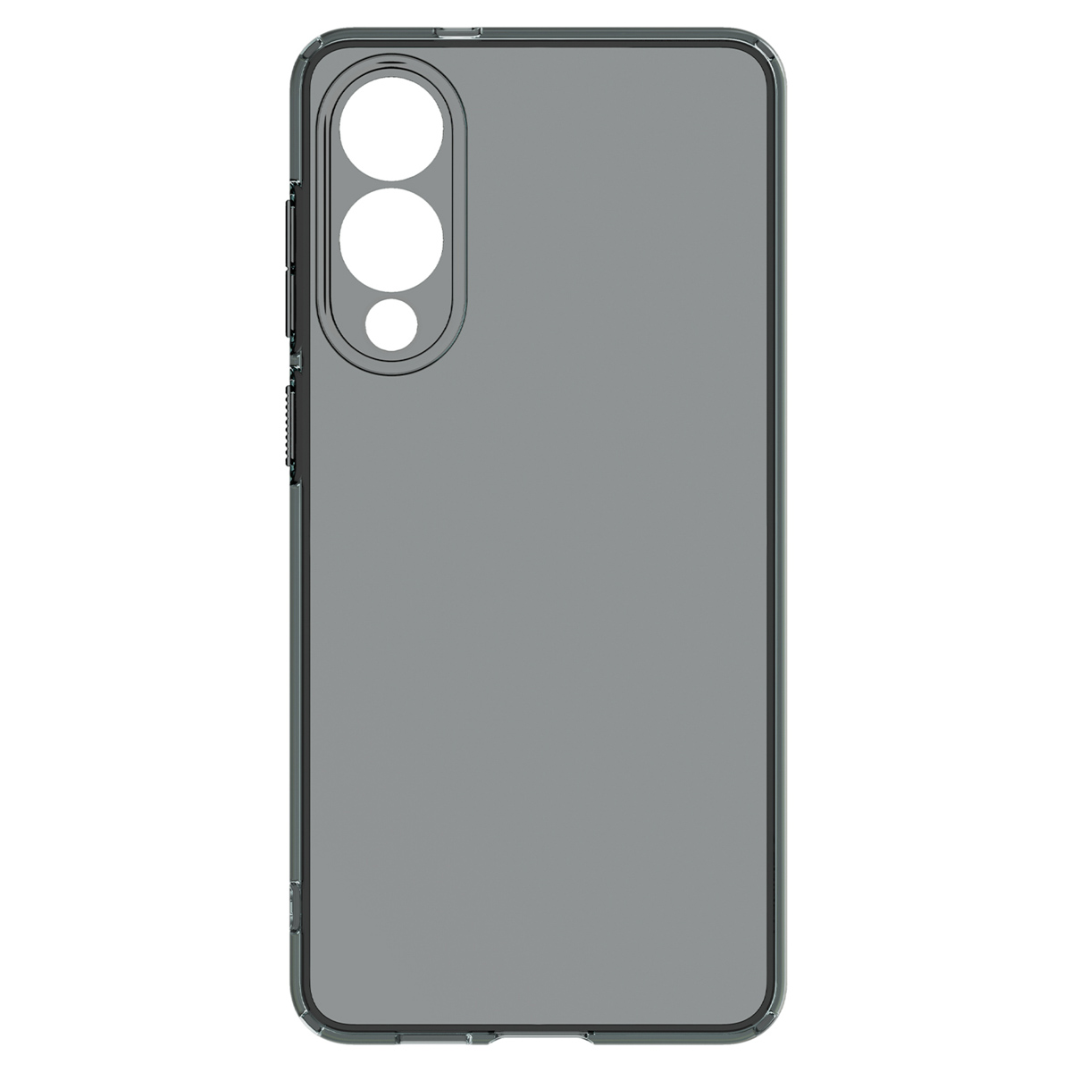 Een grijs telefoonhoesje met drie cameralenzen aan de achterkant. Het hoesje heeft een Spigen-logo aan de zijkant.