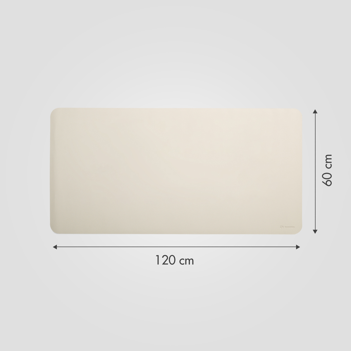 Beige desk mat, 120 cm long and 60 cm wide, on a light gray background.