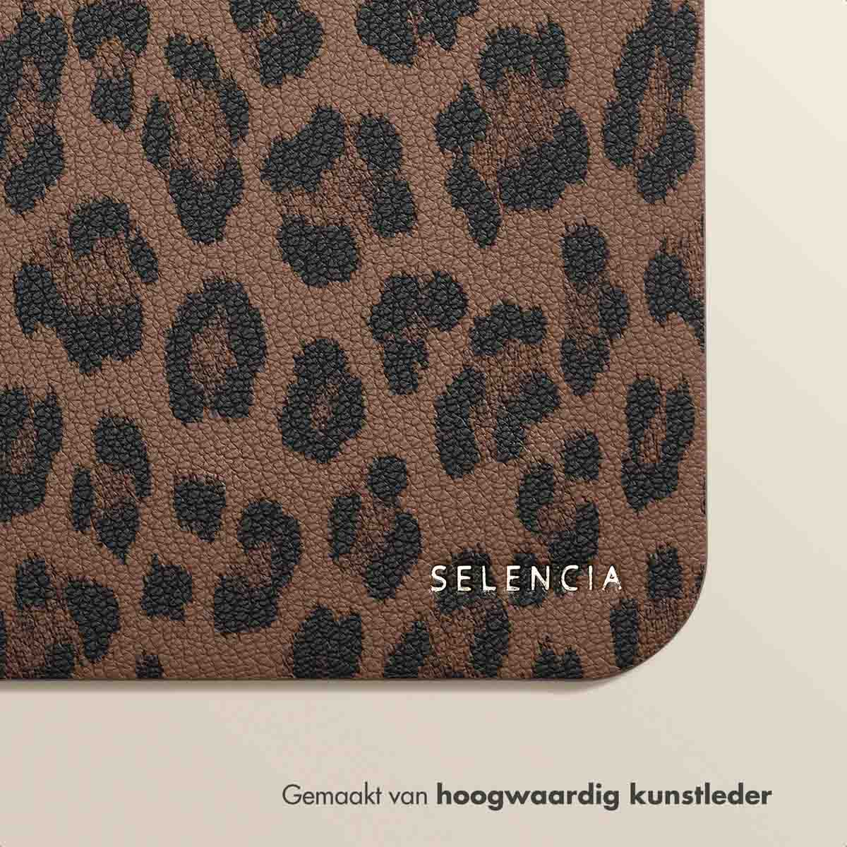 Close-up of a brown faux leather surface with a black leopard print and the word SELENCIA.