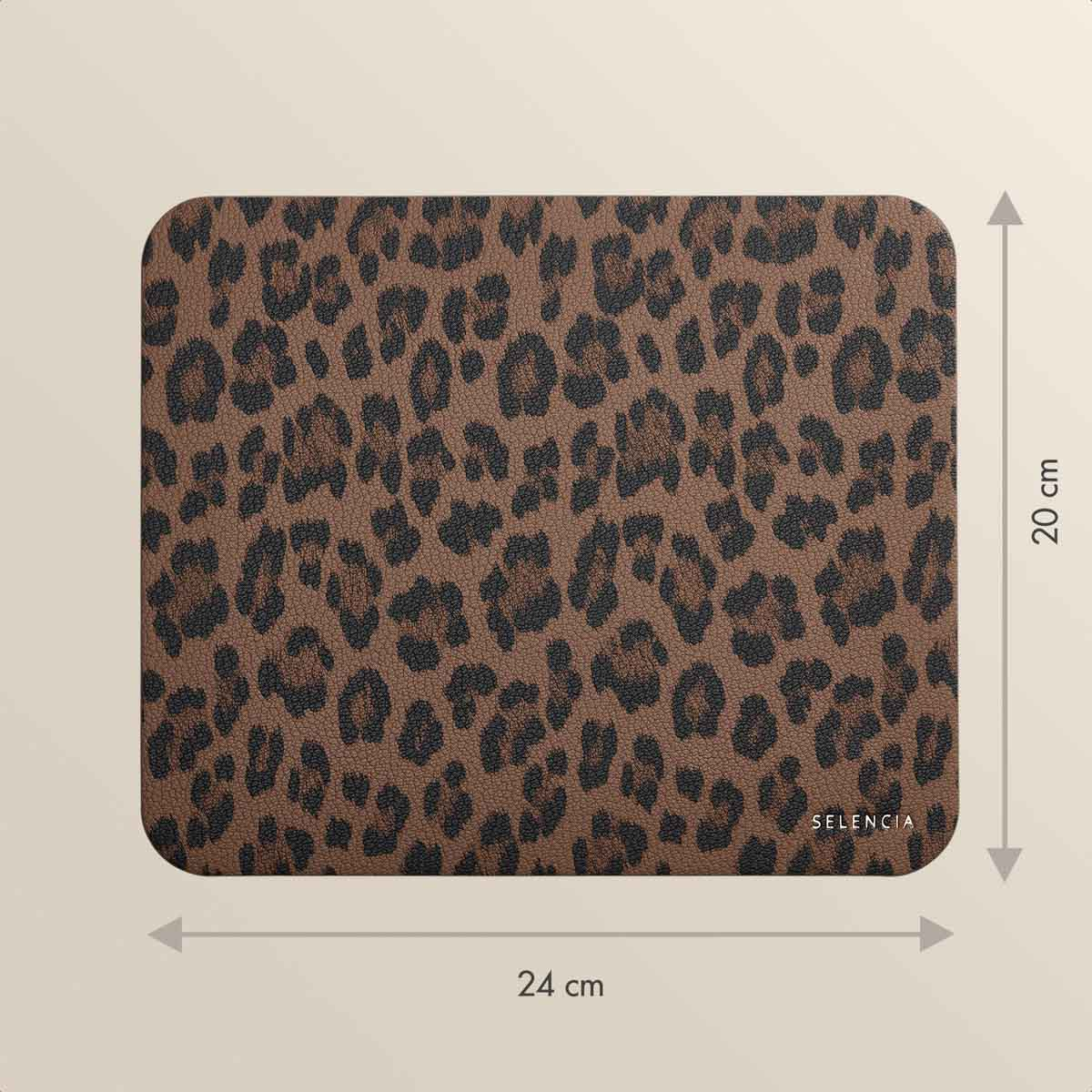 A leopard print mousepad, 24cm wide and 20cm tall, on a light beige background.