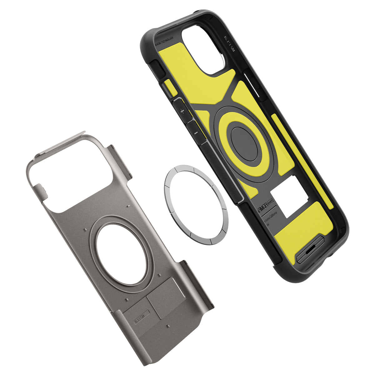 A disassembled phone case with a yellow interior and a gray exterior on a white background.
