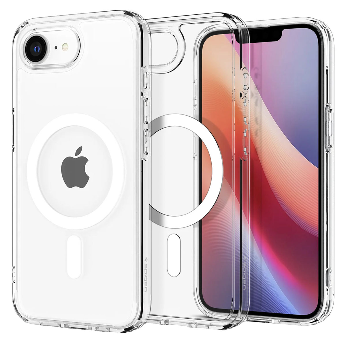 Een doorzichtig telefoonhoesje met een witte MagSafe-ring rond het Apple-logo op een witte achtergrond.