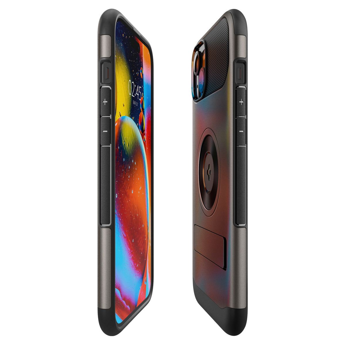Two phones in gray cases with black accents, one with a colorful screen and the other with a kickstand.